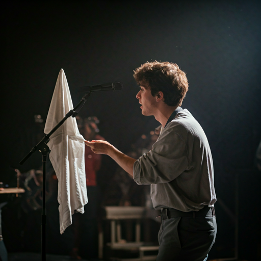 Performer in an intimate cyan spotlight