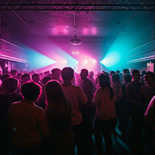 Crowded local venue with neon stage lighting