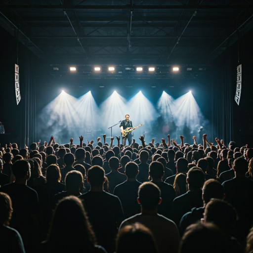Live concert crowd under cyan and magenta stage lighting