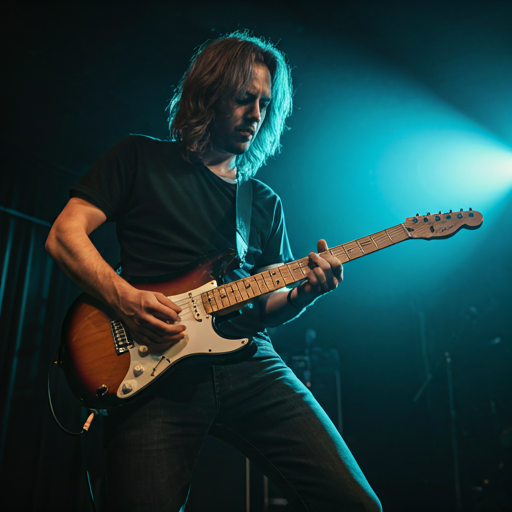 Guitarist performing on a dark stage